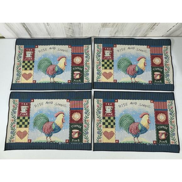 Coco Dowley Rooster Tapestry Placemats Set of 4 Rise And Shine Vintage Farmhouse - Picture 1 of 7